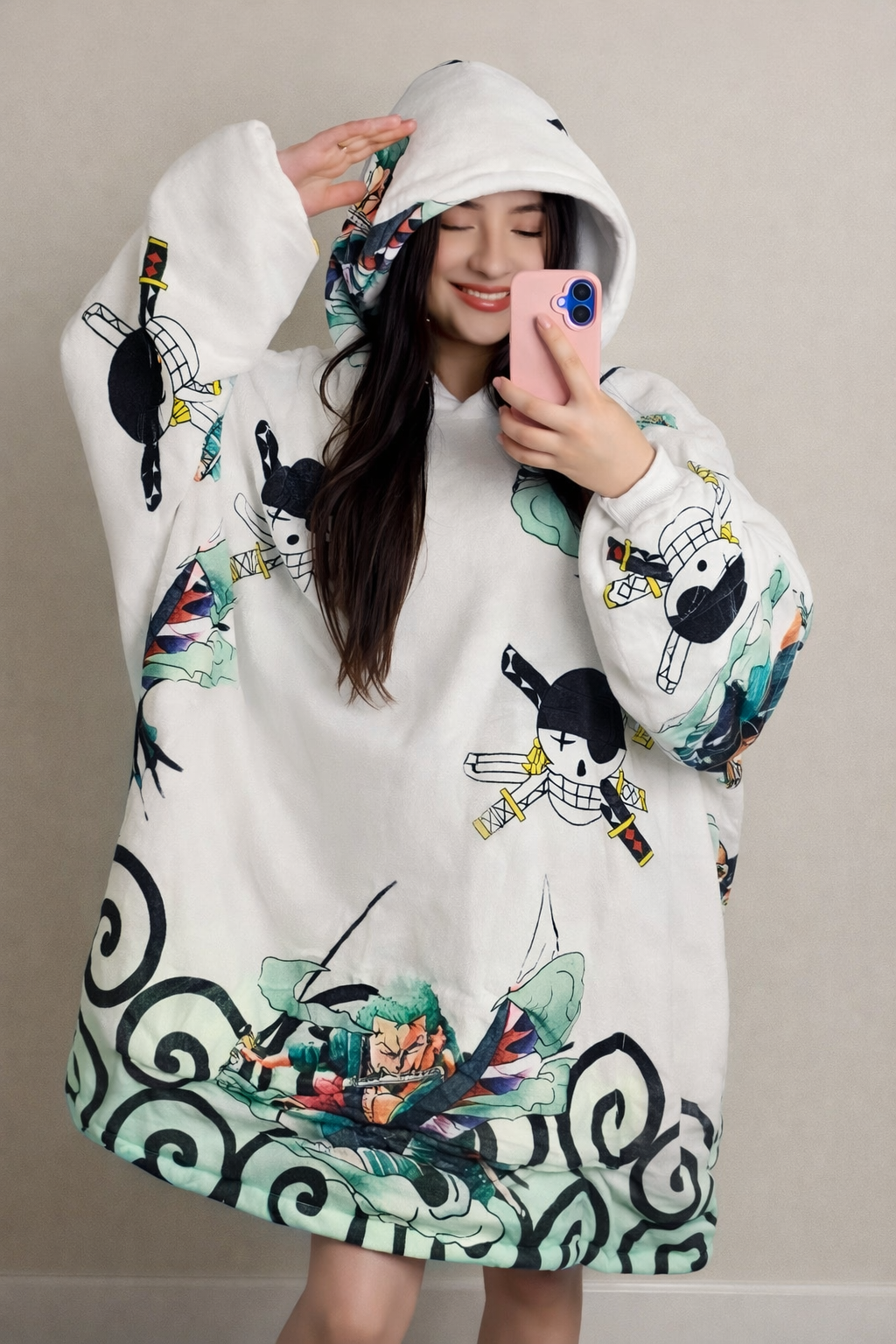 Olm Collectibles Zoro One Piece wearable blanket hoodie for kids and adults, soft, cozy, with Zoro character design from One Piece.