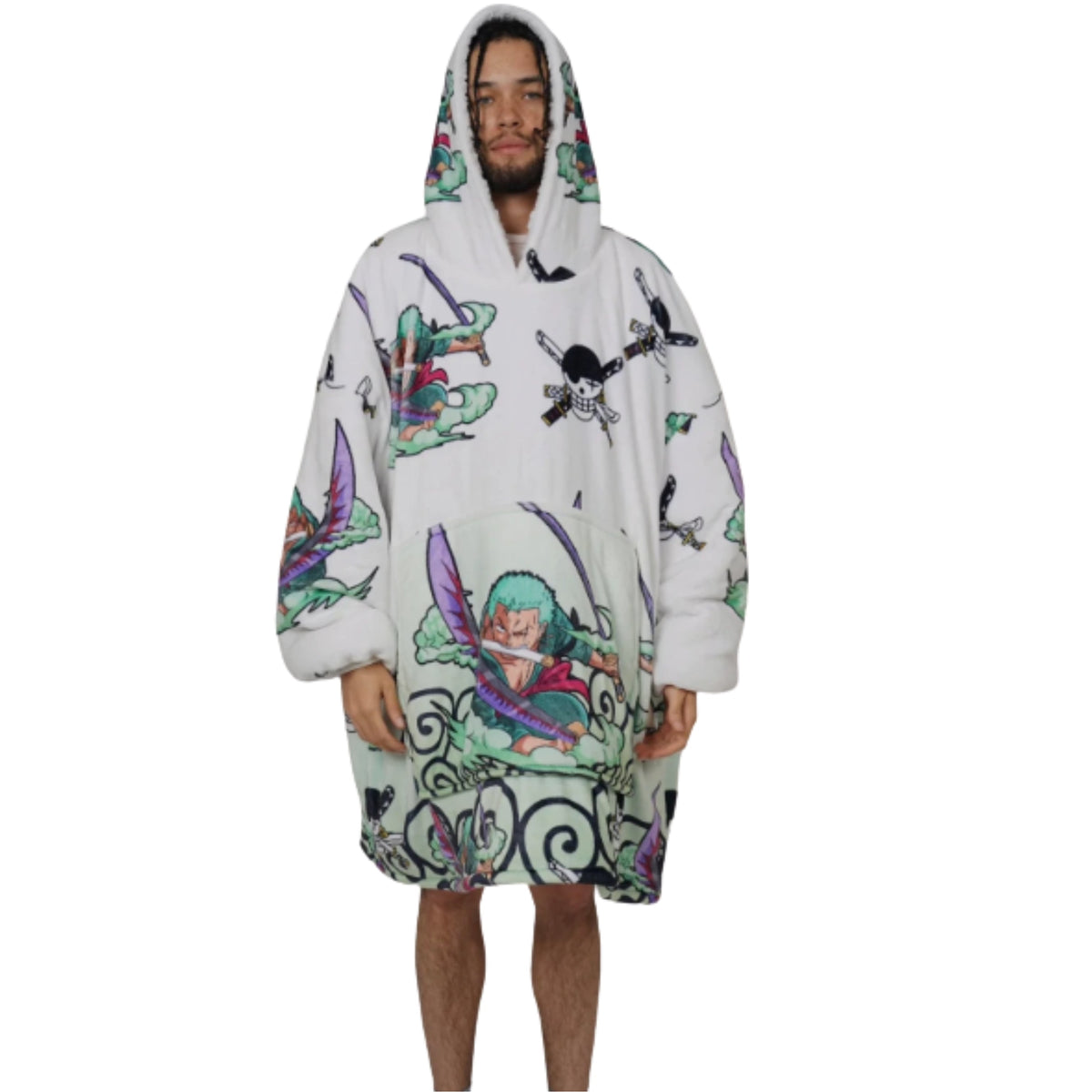 Olm Collectibles Zoro One Piece wearable blanket hoodie for kids and adults, featuring a fun, soft, character-themed design.