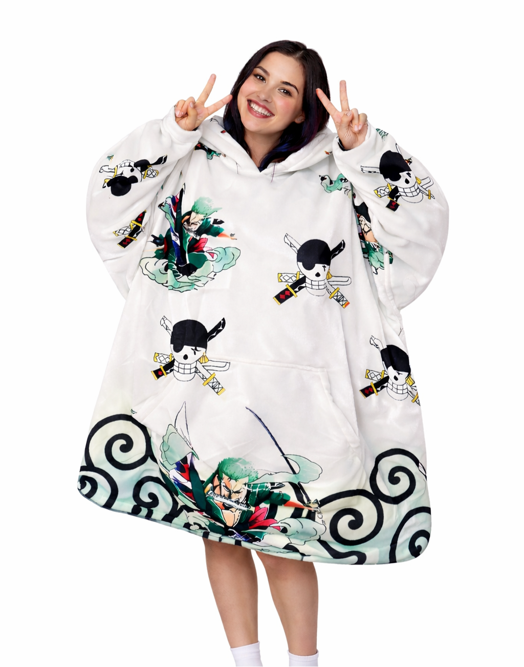 Olm Collectibles Zoro One Piece wearable blanket hoodie for kids and adults, featuring character design and cozy fleece material.