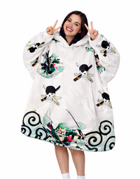 Olm Collectibles Zoro One Piece wearable blanket hoodie for kids and adults, featuring character design and cozy fleece material.