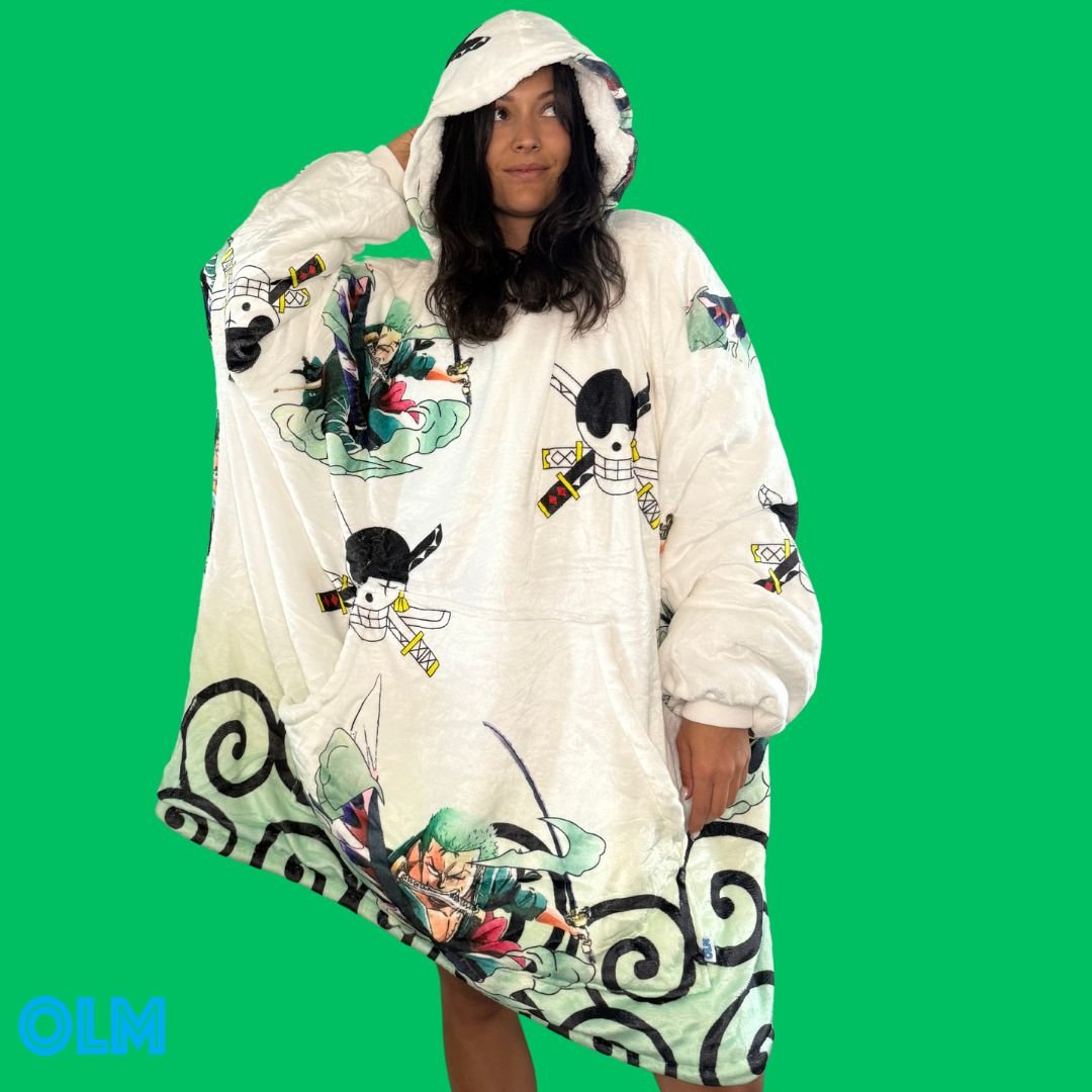 Olm Collectibles Zoro One Piece wearable blanket hoodie for kids and adults, soft fleece with character design, cozy and comfortable.