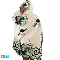 Olm Collectibles Zoro One Piece wearable blanket hoodie for kids and adults, featuring character design and cozy fabric.