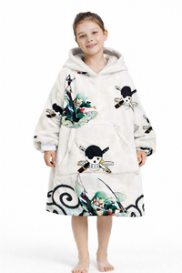 Olm Collectibles Zoro One Piece wearable blanket hoodie for kids and adults, featuring character design, cozy and soft fabric.