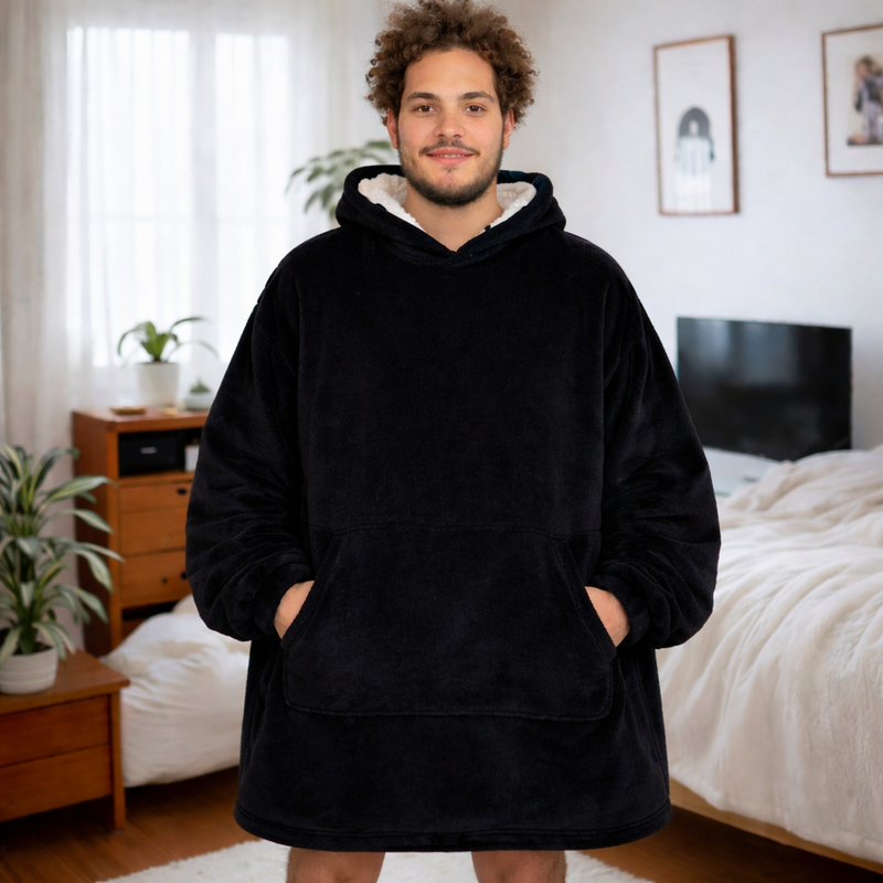 Black wearable Sherpa blanket hoodie for kids and adults, oversized and cozy, by Olm Collectibles.