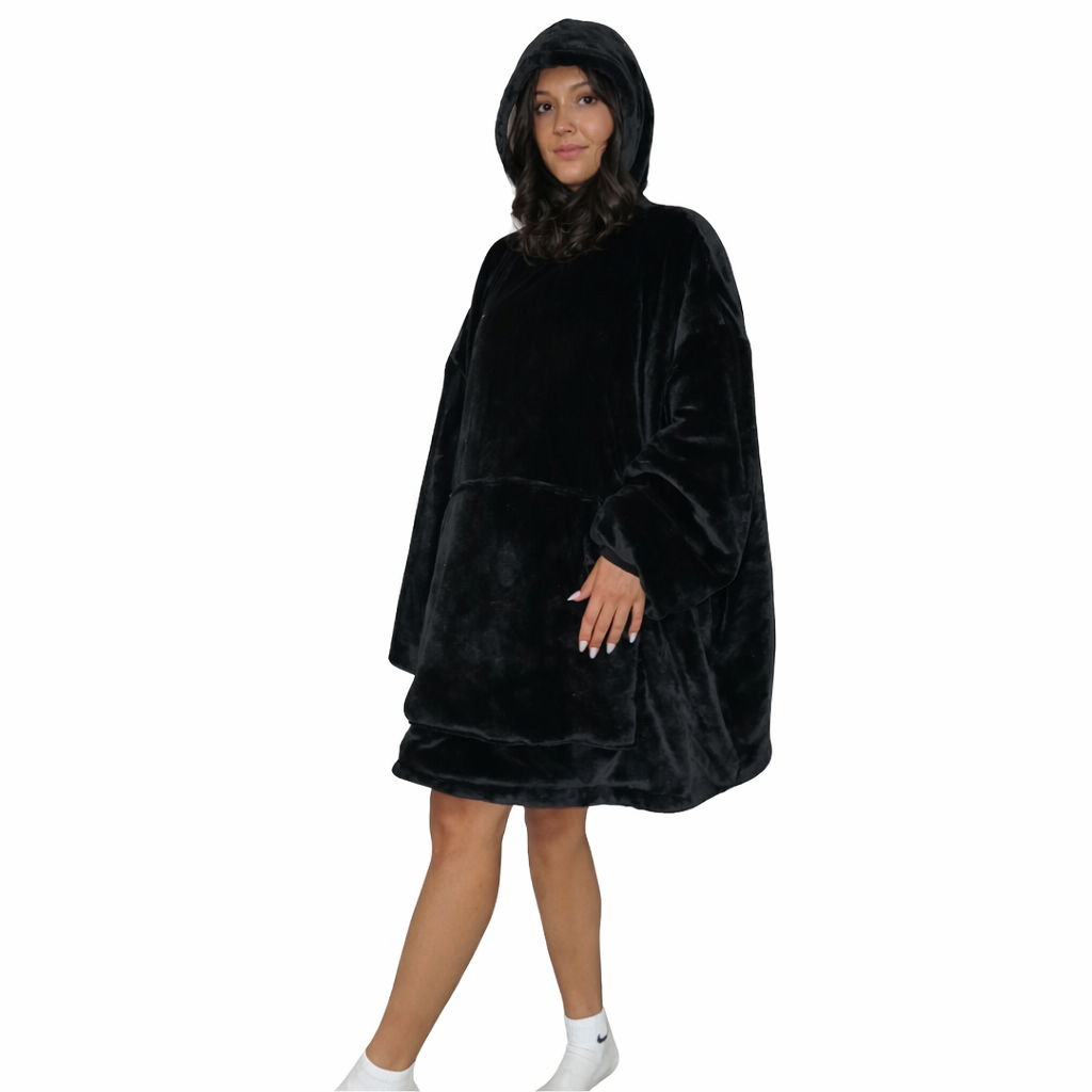 Black wearable Sherpa blanket hoodie by Olm Collectibles, oversized for kids and adults, cozy and soft for comfortable warmth.