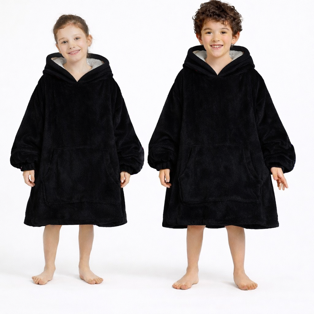 Black wearable Sherpa blanket hoodie by Olm Collectibles, oversized for kids and adults, cozy and soft for extra warmth.