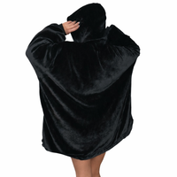 Black wearable Sherpa blanket hoodie for kids and adults, oversized, cozy, and soft from Olm Collectibles.