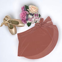 Dusty rose ballet wrap skirt by oodelooo Ballet Wear, semi-length with a graceful, flowing design for dance or casual wear.