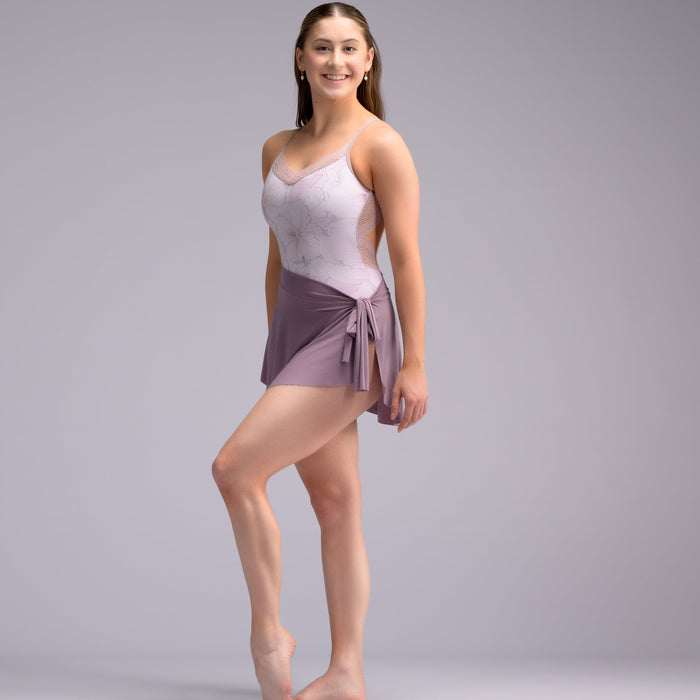 Light purple ballet wrap skirt by oodelooo Ballet Wear, lavender mist demi skirt, designed for dance and graceful movement.