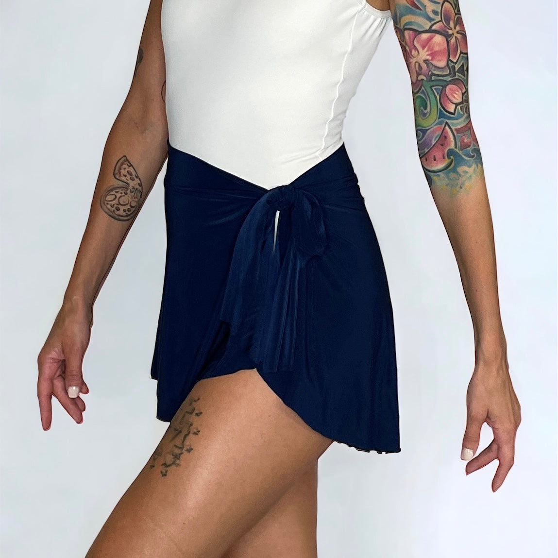 Navy blue ballet wrap skirt by oodelooo Ballet Wear, Demi length, lightweight and flowy for dance practice or performance.