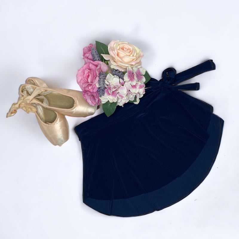Navy blue ballet wrap skirt by oodelooo Ballet Wear, demi-length, soft fabric, designed for dance and ballet practice.