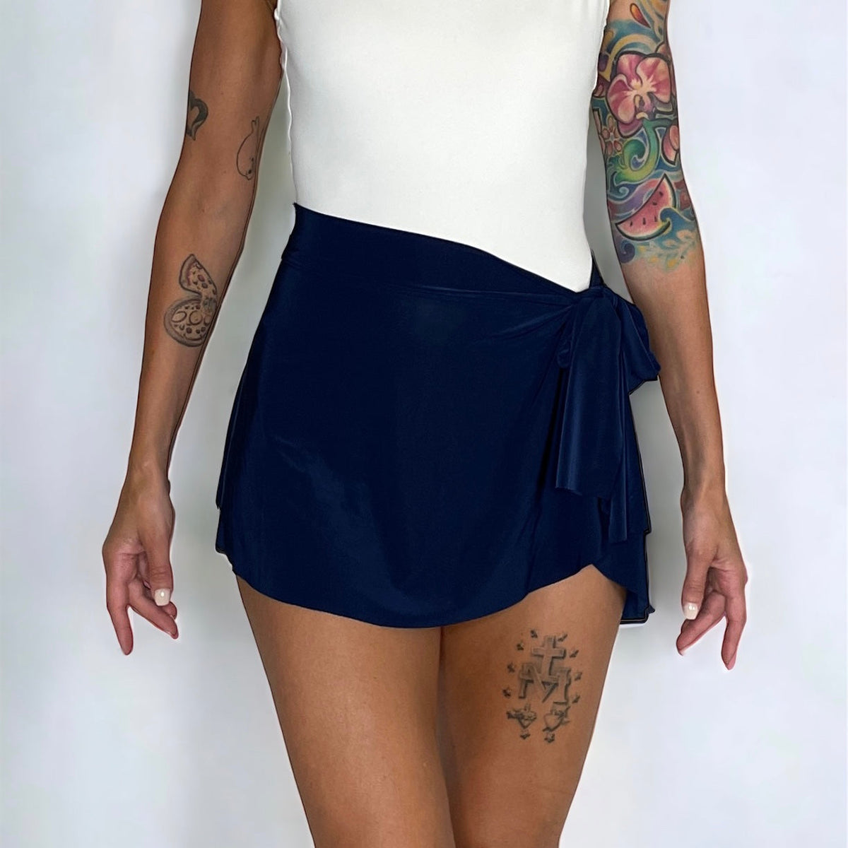Navy blue ballet wrap skirt by oodelooo Ballet Wear, demi-length, lightweight, soft fabric, designed for dance and ballet practice.
