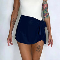 Navy blue ballet wrap skirt by oodelooo Ballet Wear, demi-length, lightweight, soft fabric, designed for dance and ballet practice.