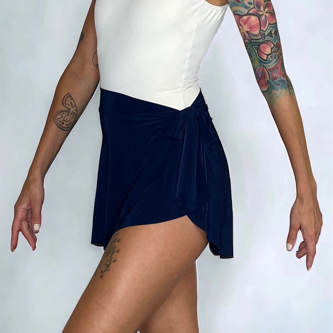 Navy blue Demi ballet wrap skirt by oodelooo Ballet Wear, lightweight and flowing for dance practice or performances.