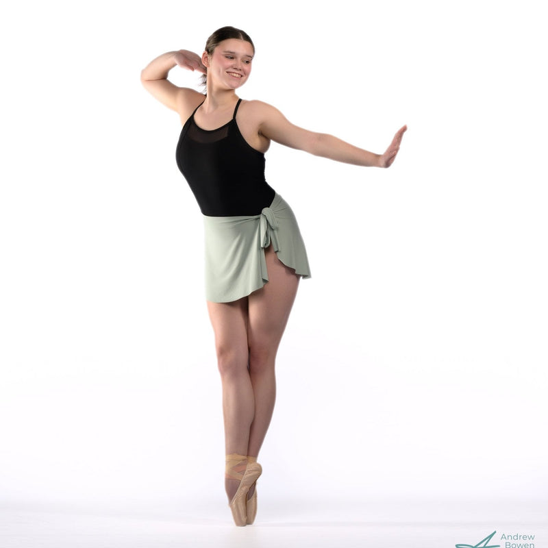 Light green pistachio ballet wrap skirt by oodelooo Ballet Wear, demi-length, perfect for dance or casual wear.