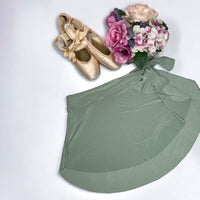 Light green pistachio ballet wrap skirt by oodelooo Ballet Wear, demi-length, perfect for dance practice and performances.