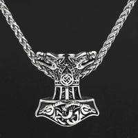 Vikings Wolf and Goat Head Mjolnir Pendant Necklace
