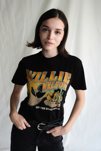 Women’s summer tee by People of Leisure with "LIKE A BAND O' GYPSIES" graphic, casual short-sleeve top for warm weather.