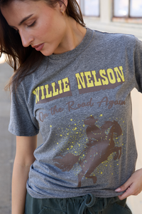 Heather gray Willie Nelson On The Road Women’s T-shirt by People of Leisure featuring a printed graphic design.