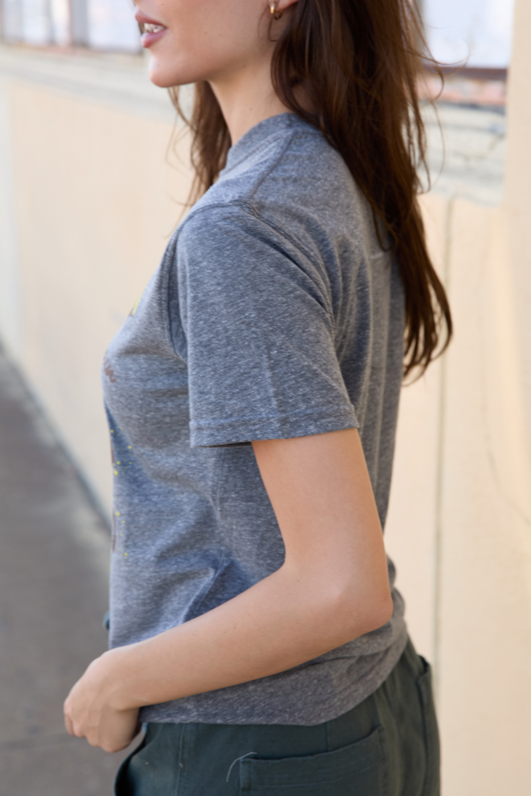 Heather gray Willie Nelson On The Road women’s tee top by People of Leisure, featuring a graphic design on the front.