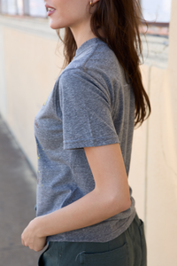 Heather gray Willie Nelson On The Road women’s tee top by People of Leisure, featuring a graphic design on the front.