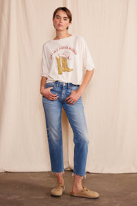 People of Leisure "Not My First Rodeo" crew neck graphic T-shirt with bold text on front, casual fit, and soft fabric.