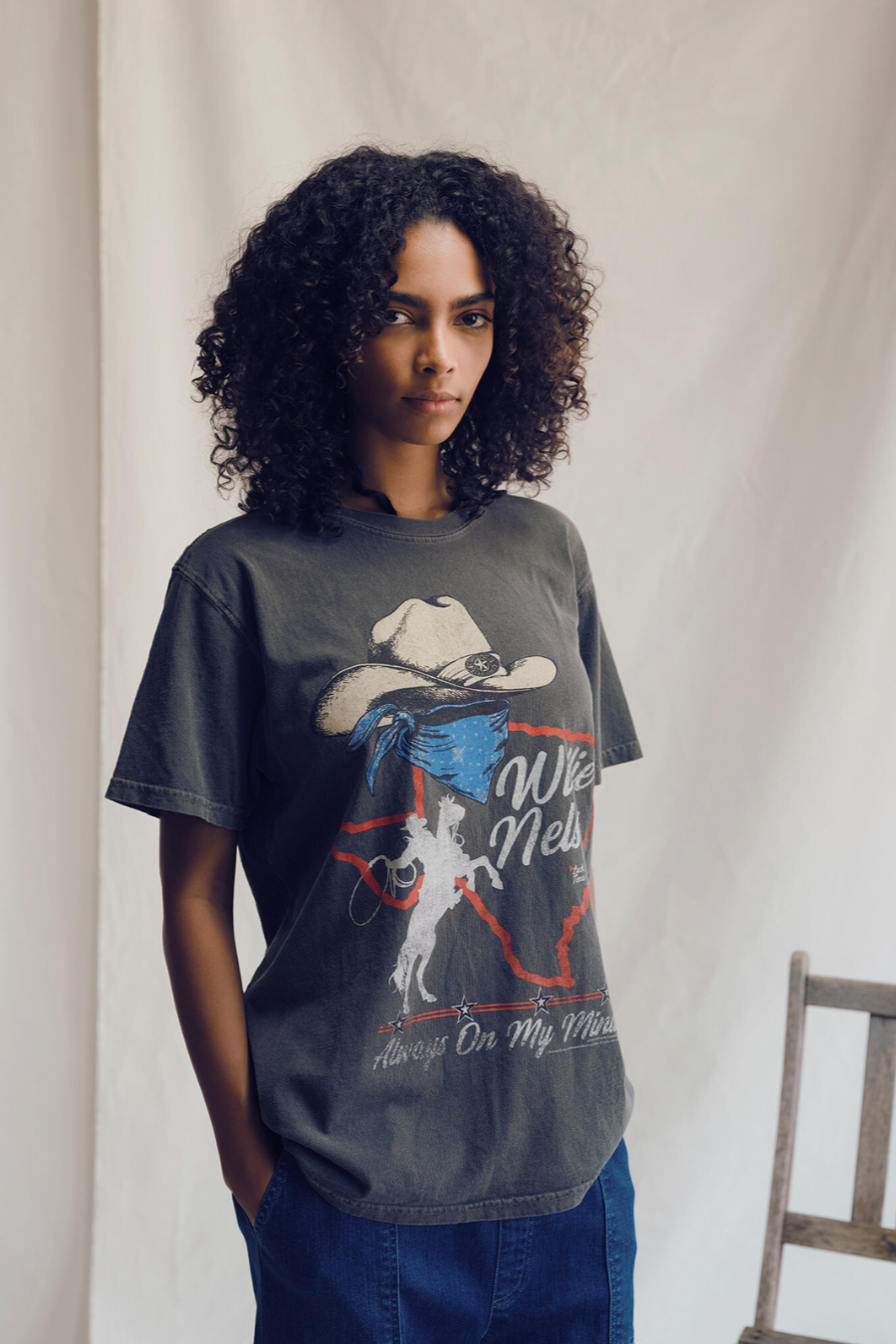 Women’s Willie Nelson “Always On My Mind” graphic tee by People of Leisure, featuring a vintage-style print on a black T-shirt.