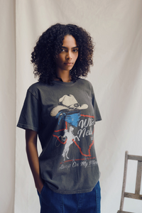 Women’s Willie Nelson “Always On My Mind” graphic tee by People of Leisure, featuring a vintage-style print on a black T-shirt.