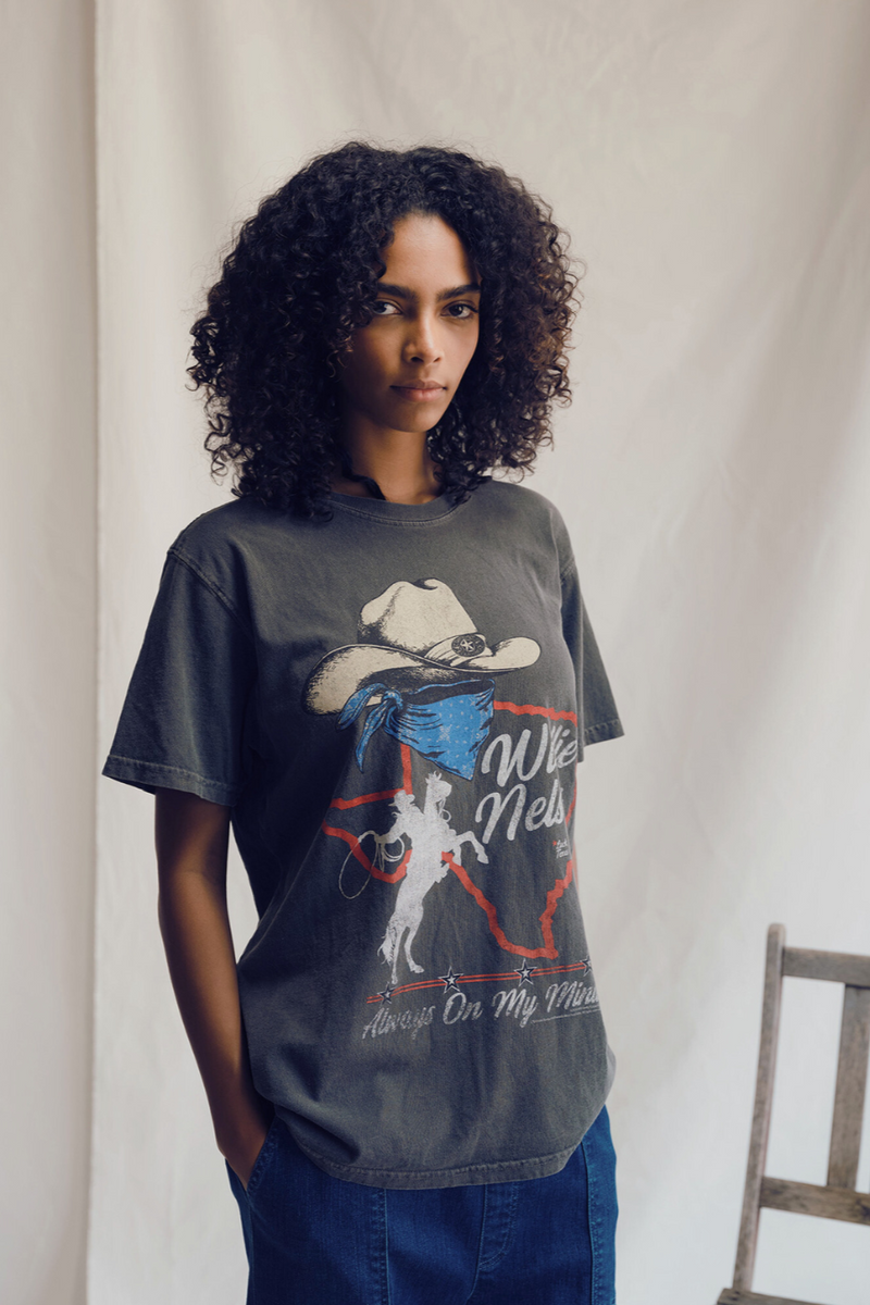 Women’s Willie Nelson “Always On My Mind” graphic tee by People of Leisure, featuring a vintage-style print on a black T-shirt.