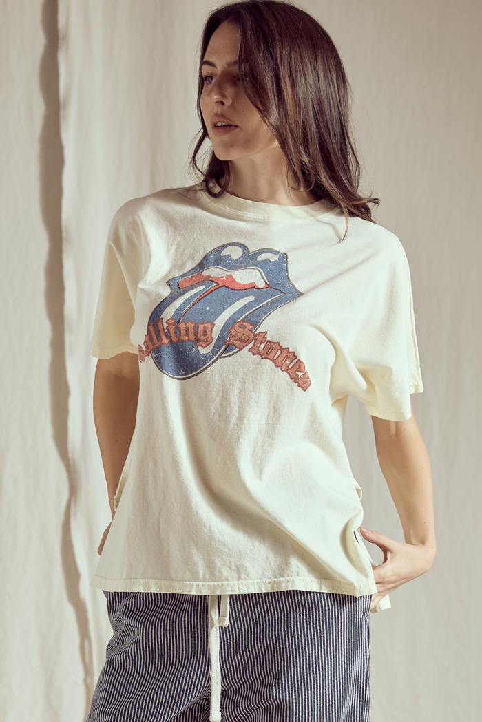 People of Leisure Rolling Stones Old English Tee top with vintage-inspired band graphic on soft fabric.