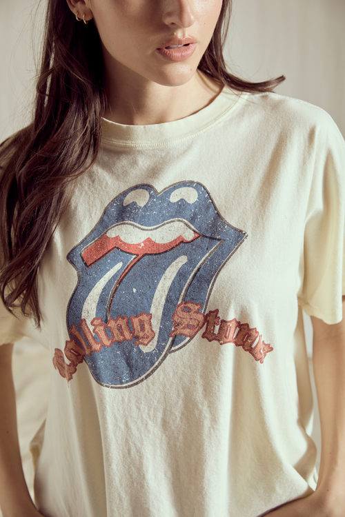 People of Leisure Rolling Stones Old English Tee top with vintage-style band logo and classic fit, displayed on a white background.