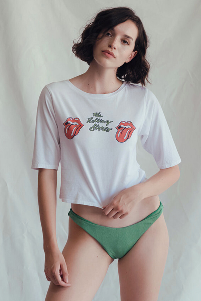 Women’s crop tee featuring Rolling Stones’ "Start Me Up" logo by People of Leisure, with a casual fit and graphic design.