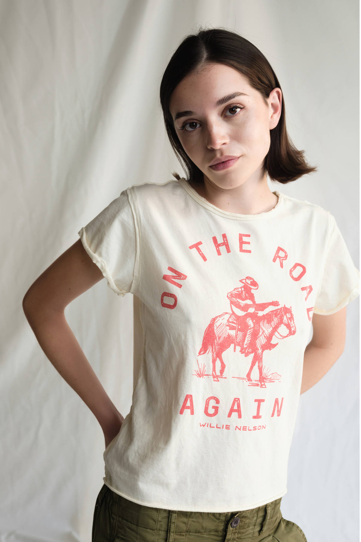 Women’s "On The Road Again" tee top by People of Leisure, featuring casual fit and graphic design, front view.