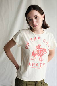 Women’s "On The Road Again" tee top by People of Leisure, featuring casual fit and graphic design, front view.