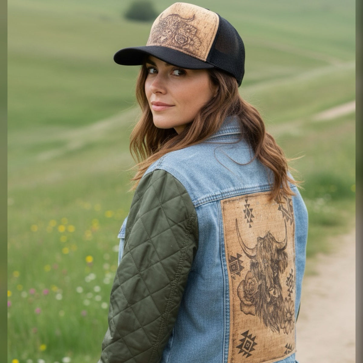 Burned quilted sleeve denim jacket for women by Piper Hat Co, featuring distressed design and stylish layered look.