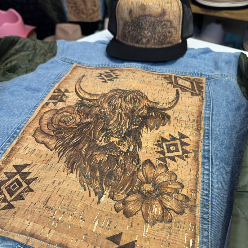 Burned quilted sleeve denim jacket for women by Piper Hat Co, featuring stylish design and casual fit.