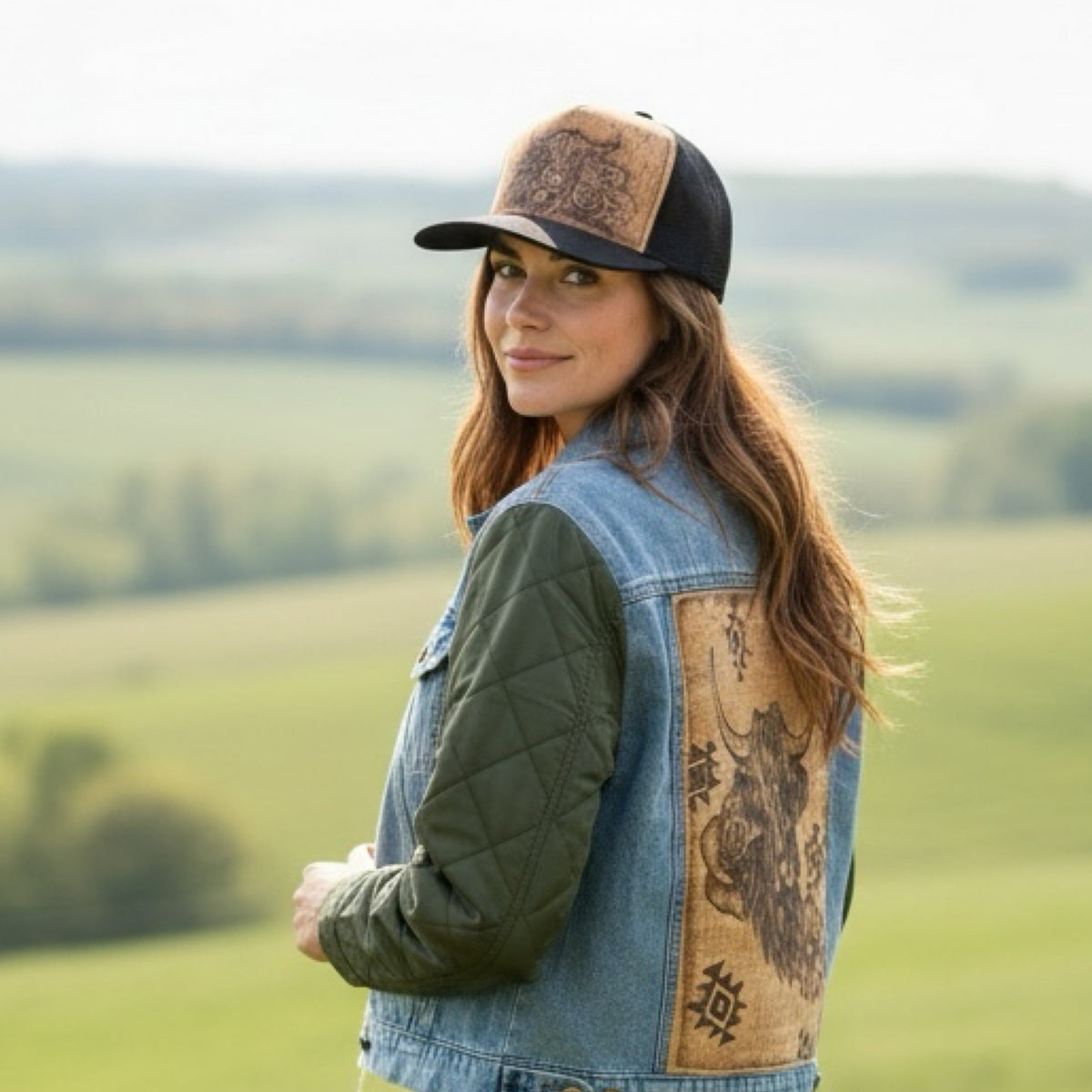 Burned quilted sleeve denim jacket for women by Piper Hat Co, featuring distressed details and stylish design.