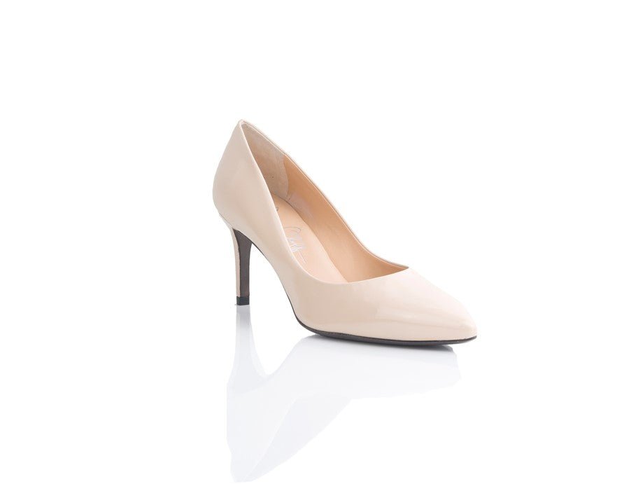 Joan Oloff Shoes Deborah New Nude Patent final sale women's slip-on shoes with shiny nude patent leather finish.