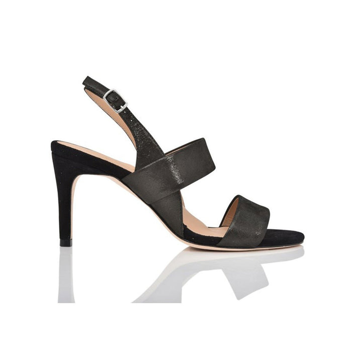 Joan Oloff Shoes Fortune Black Shimmer Suede handbag with glossy finish and sleek design.