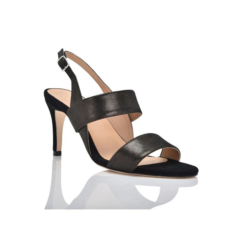 Joan Oloff Shoes Fortune Black Shimmer Suede slippers with a sleek design and shimmering black suede material.