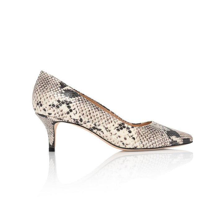 Joan Oloff Shoes Callie Natural Printed Wild Snake leather handbag with gold hardware, showcasing textured snake pattern and structured design.