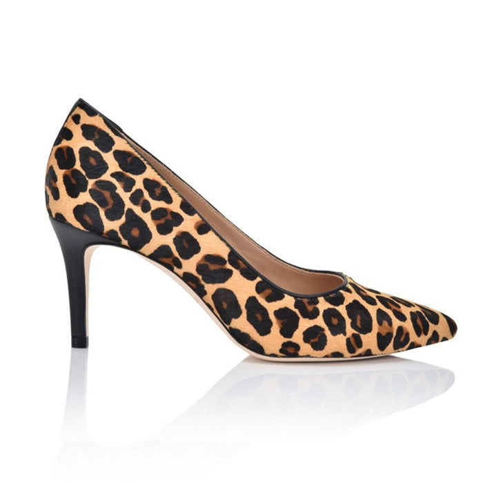 Joan Oloff Shoes Deborah Leopard Lux Hair Calf handbag with a sleek design and leopard print pattern.