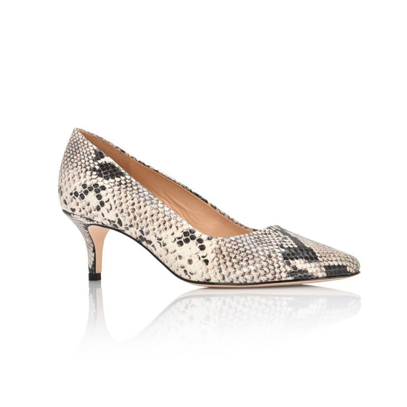 Joan Oloff Shoes Callie Natural Printed Wild Snake leather ankle boots with pointed toes and stacked heels.