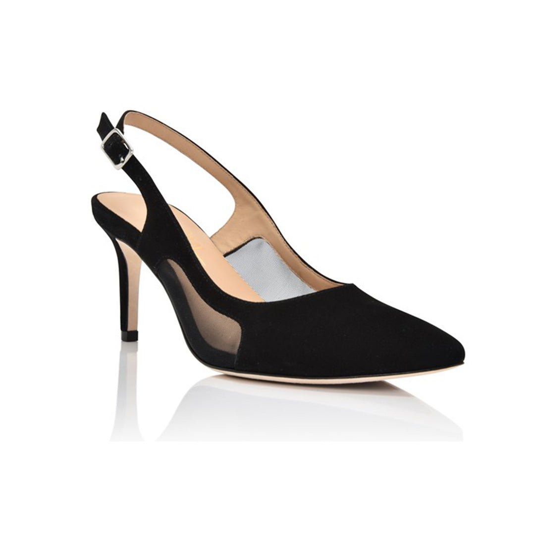 Joan Oloff Shoes black suede and mesh dance shoes for kids, featuring a sleek design with black suede and breathable mesh material.