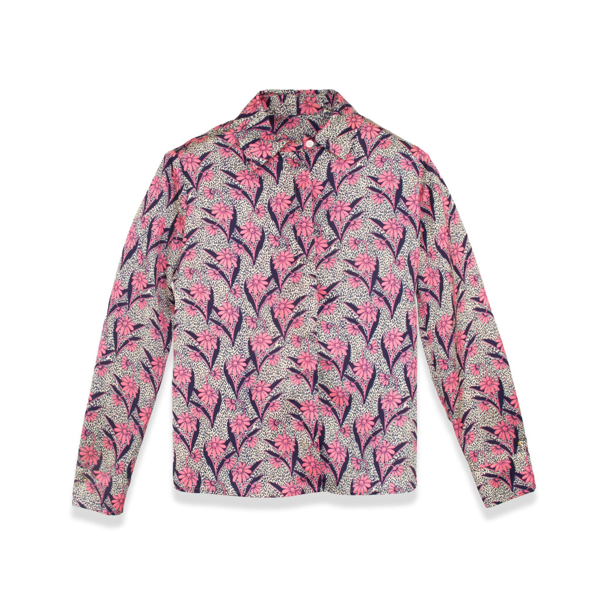 Floral silky blouse by profile-nyc featuring a flowy design with vibrant floral patterns and elegant long sleeves.