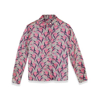 Floral silky blouse by profile-nyc featuring a flowy design with vibrant floral patterns and elegant long sleeves.