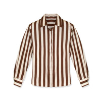 Profile NYC striped silky blouse, front view showing lightweight fabric and classic design with vertical stripe pattern.