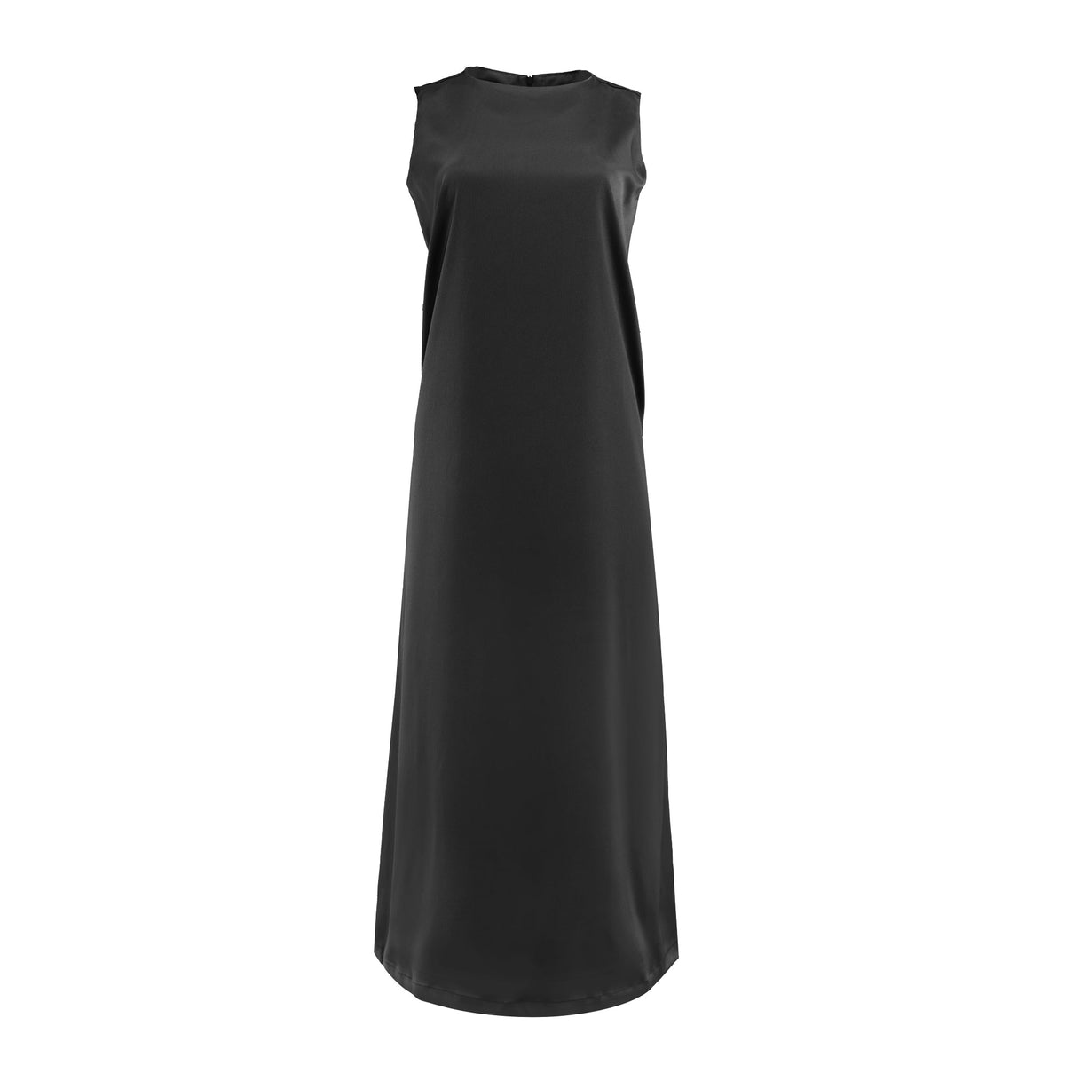 Black slip dress by Profile NYC featuring smooth fabric and a sleek, elegant silhouette suitable for casual or evening wear.
