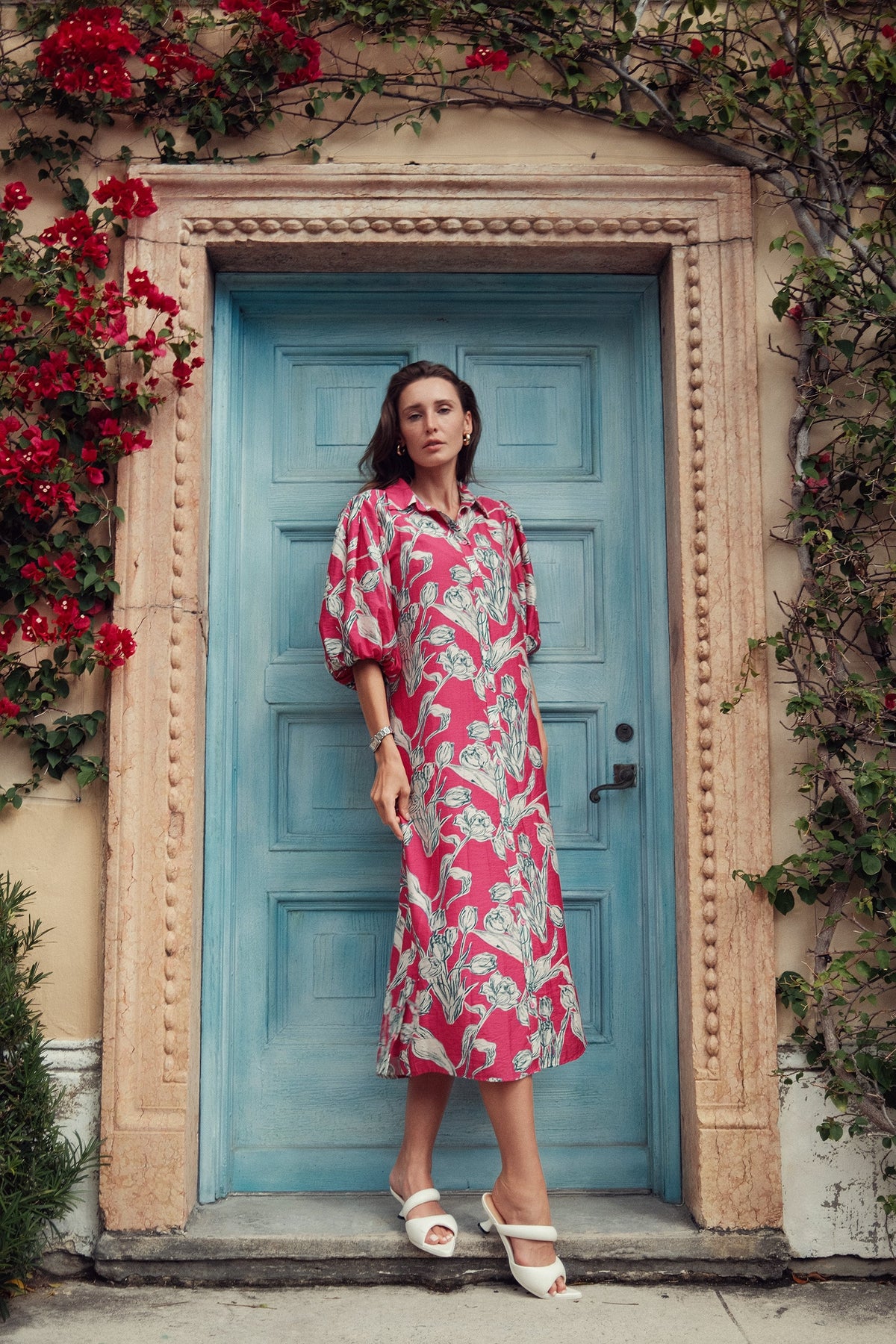 Floral linen dress by Profile NYC, showcasing a lightweight, flowy design with vibrant floral patterns and a relaxed fit.