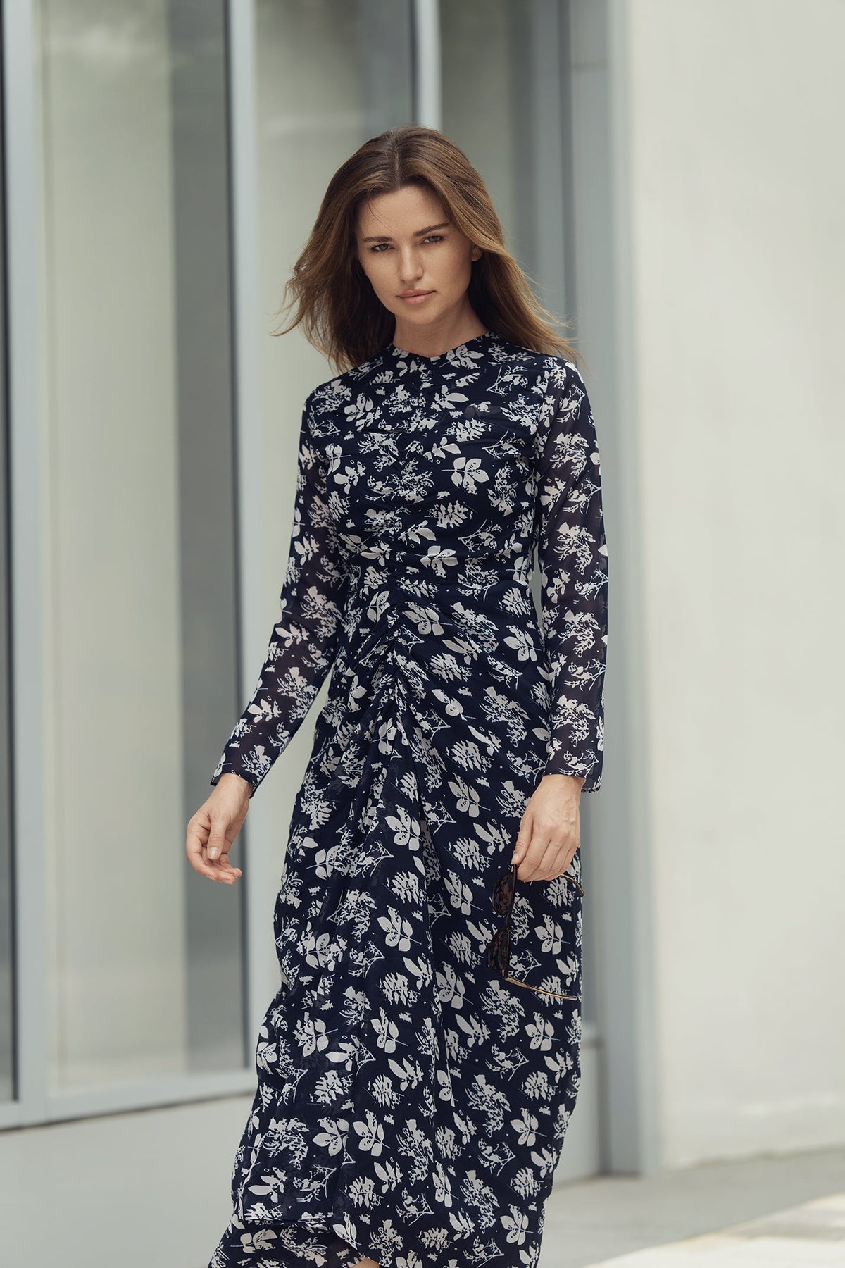 Cream printed Yulia shirred dress by Profile NYC, featuring a comfortable fit and stylish design, shown on a model.
